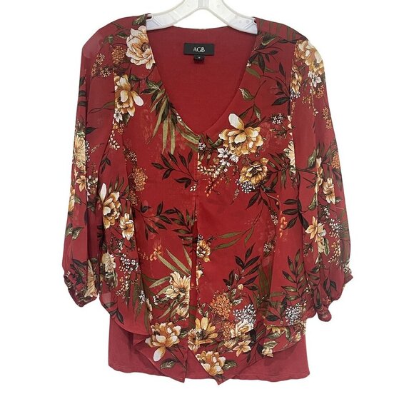 AGB Floral Print V-Neck Rust Tank/sheer overlay Layered Hem Size M Forest Fairy - Picture 1 of 10